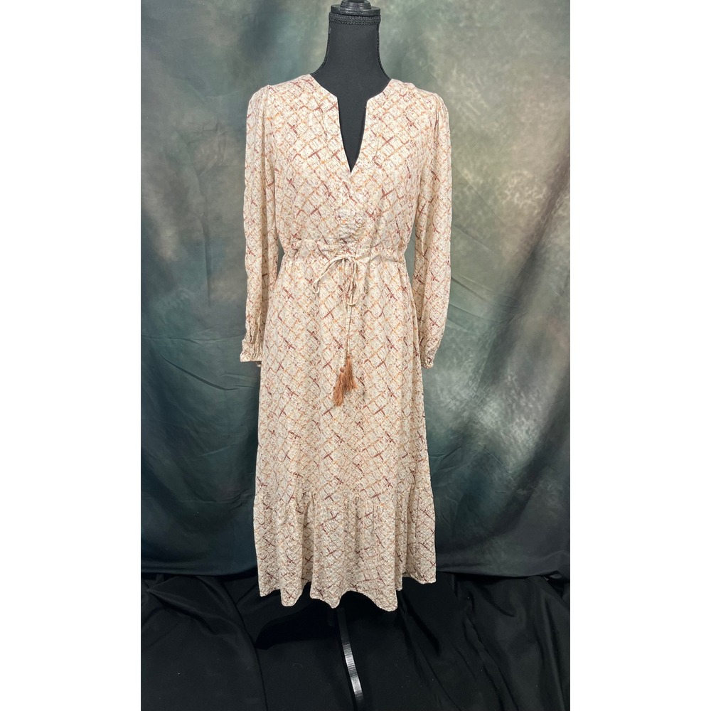 Style Rack Womens L Abstract Grid Gold Tassel Midi Dress Cream Terracotta
